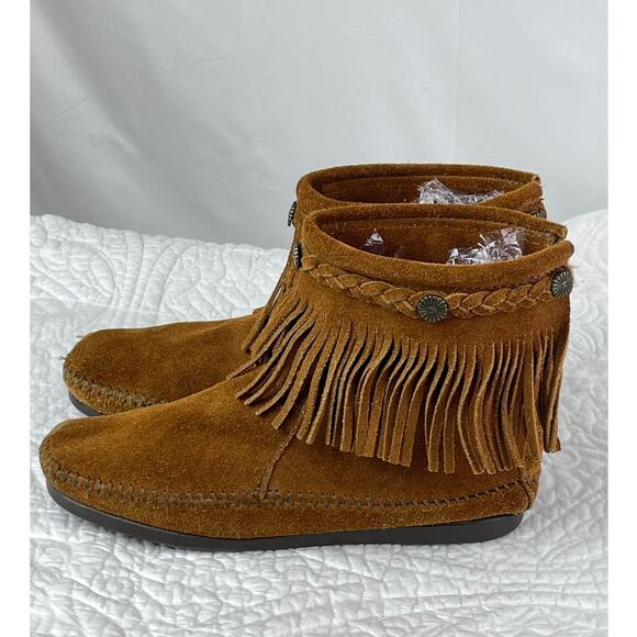 Minnetonka Women's Brown Fringe Back Zip Hippie 70's Moccasins - Size 5 - Picture 3 of 8